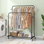 Laiensia Double Rods Garment Rack with Wheels, Clothing Rack for Hanging Clothes,4 Hooks, Multi-functional Bedroom Clothes Rack, Black