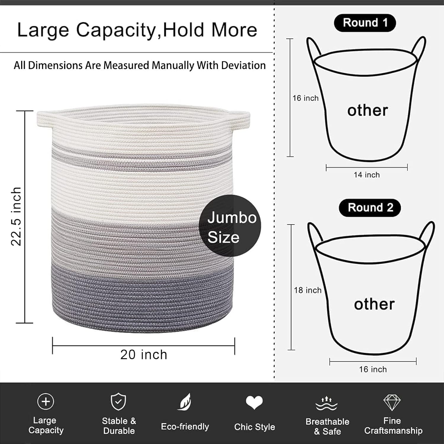 OIAHOMY 115L Laundry Baskets Hamper with Handles, Decorative Basket for Living room, Woven Storage Basket for Toys Bin,Pillows, Blankets, Clothes-20x22.5in-Gradient Grey