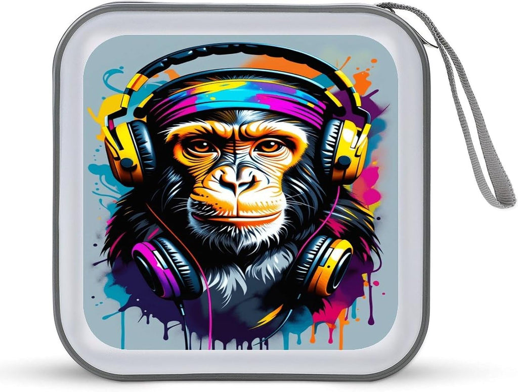 Watercolor Monkey CD DVD Case Holder, 40 Disc Storage Wallet with Exclusive Printed Design, Zipper Closure And Handle for Music Movies Games Travel Car