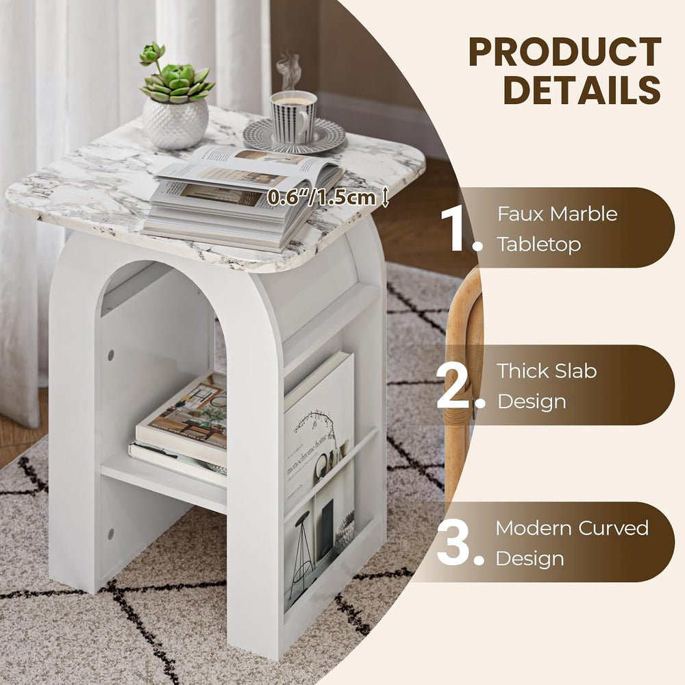 FIMELLO 19" End Table Set of 2 with Marble Top, Modern Arched Night Stan...