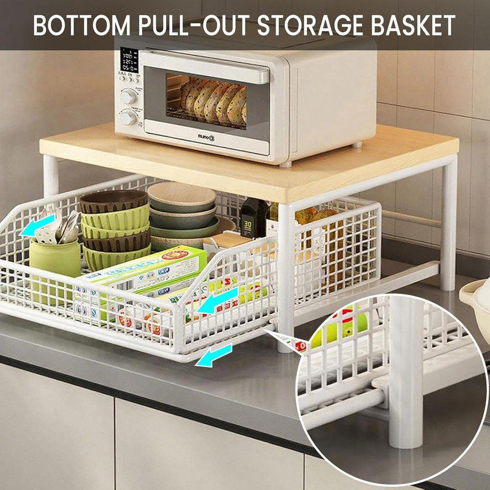 Countertop Organizer for Kitchen with Drawer& Wire Basket- Sturdy Hardwoo...