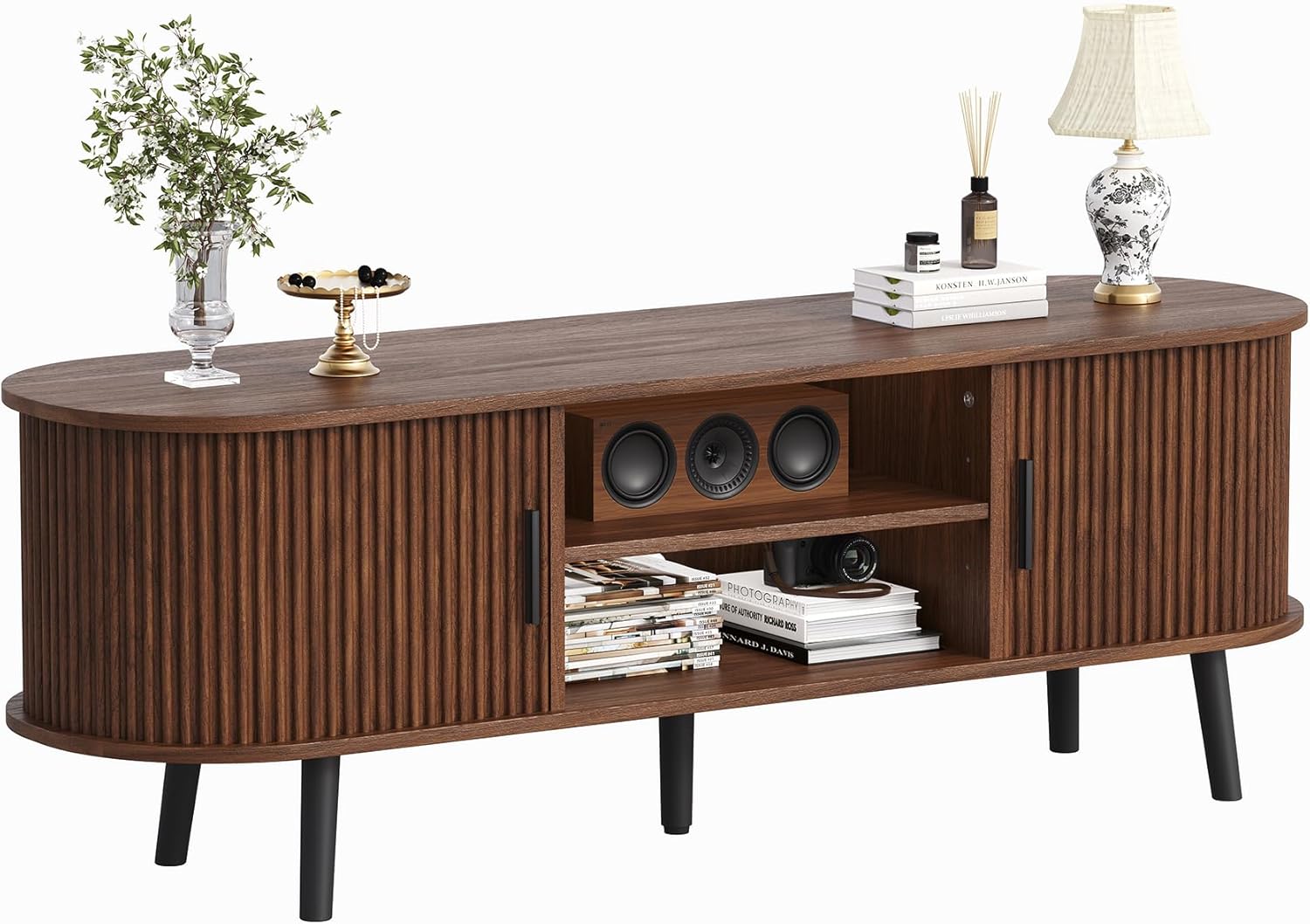 ChooChoo 54" Mid Century Modern TV Stand with Fluted Sliding Doors | Entertainment Center with Hidden Storage and Adjustable Shelf, TV Console for Living Room, Bedroom, Walnut