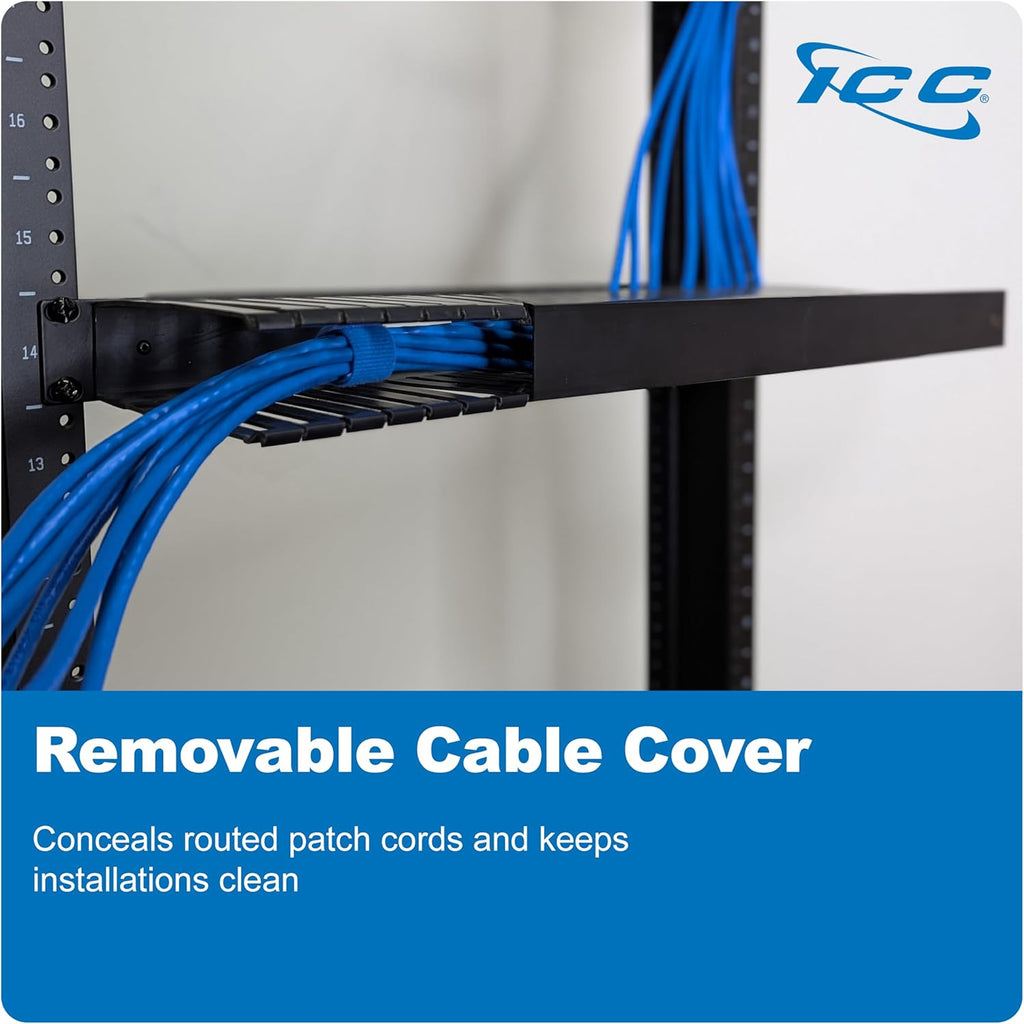 ICC 1U Finger Duct Cable Manager Panel with Cover, Plastic with Metal Back Frame, 5" Depth, Horizontal Cable Management, Rackmount for 19” Network Racks, Black, Single Pack