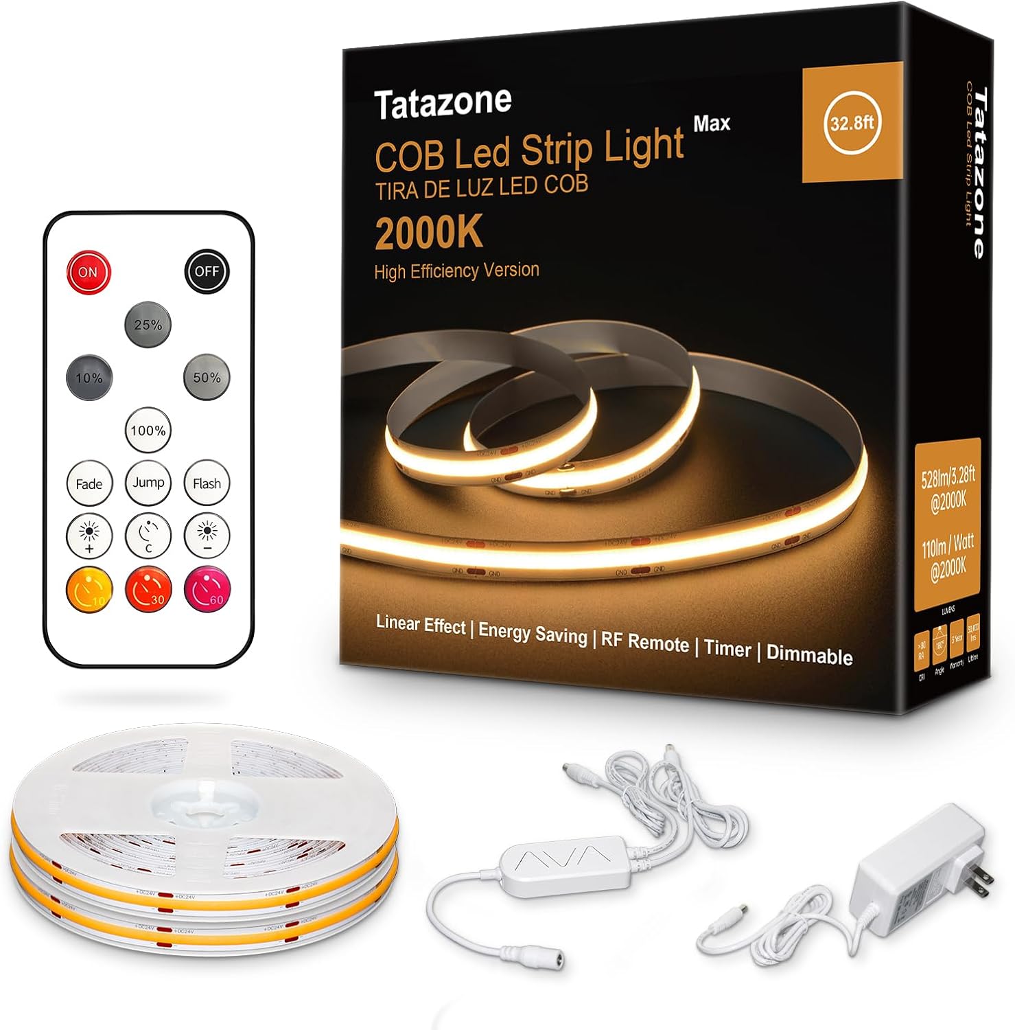 32.8ft Orange Color COB Strip Lights with RF Remote, 2000K Dimmable Ultra Bright Yellow COB Light Strip, Indoor Adhesive Led Lights for Cabinet, Living Room, 2 Rolls of 16.4ft