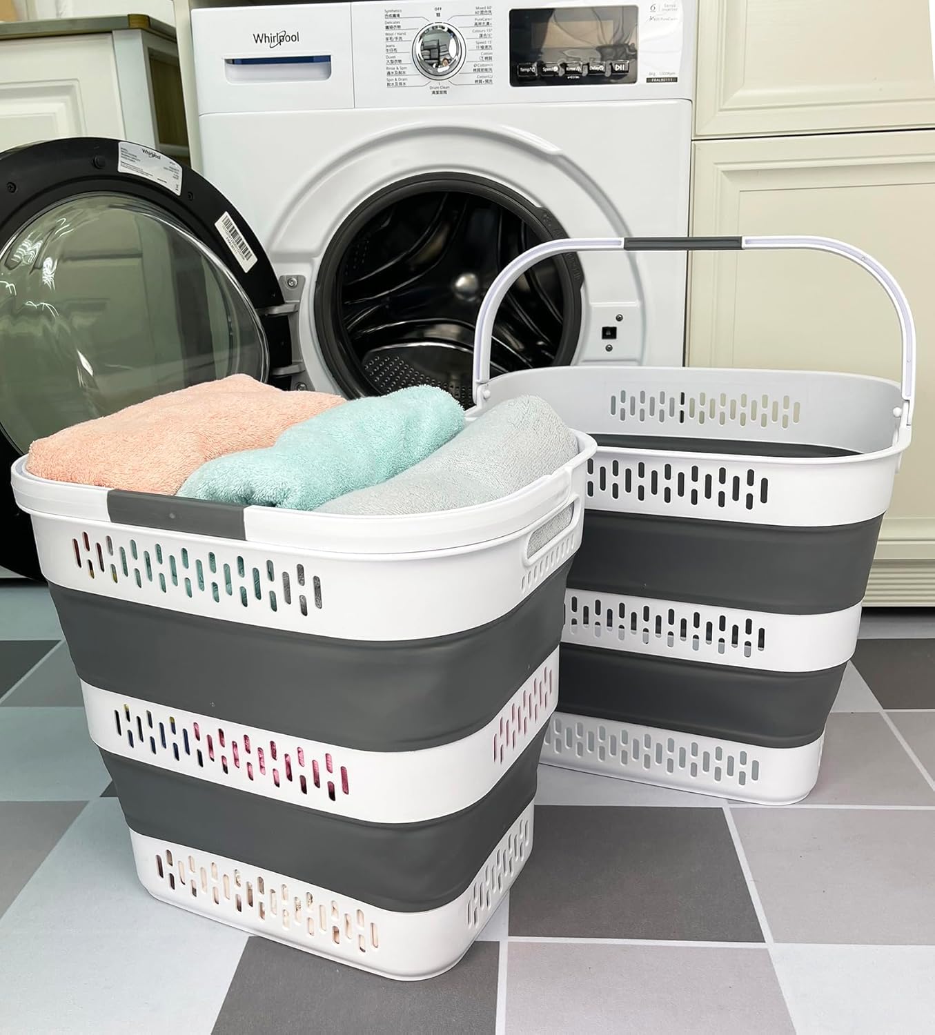 SAMMART 40L (10.5 Gallon) Collapsible Plastic Laundry Basket with Handles - Foldable Pop Up Storage Container/Organizer - Portable Laundry Hamper - Space Saving (2, White/Steel Grey)