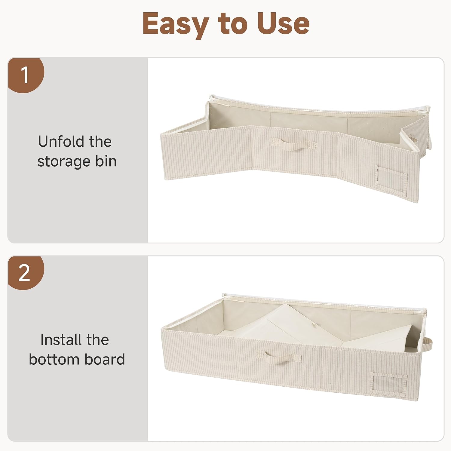 StorageWorks Large Under Bed Storage Containers with Handles and Label Holder, 2 Pack Ultra-thick Fabric Underbed Bins, Brown and White Stripes