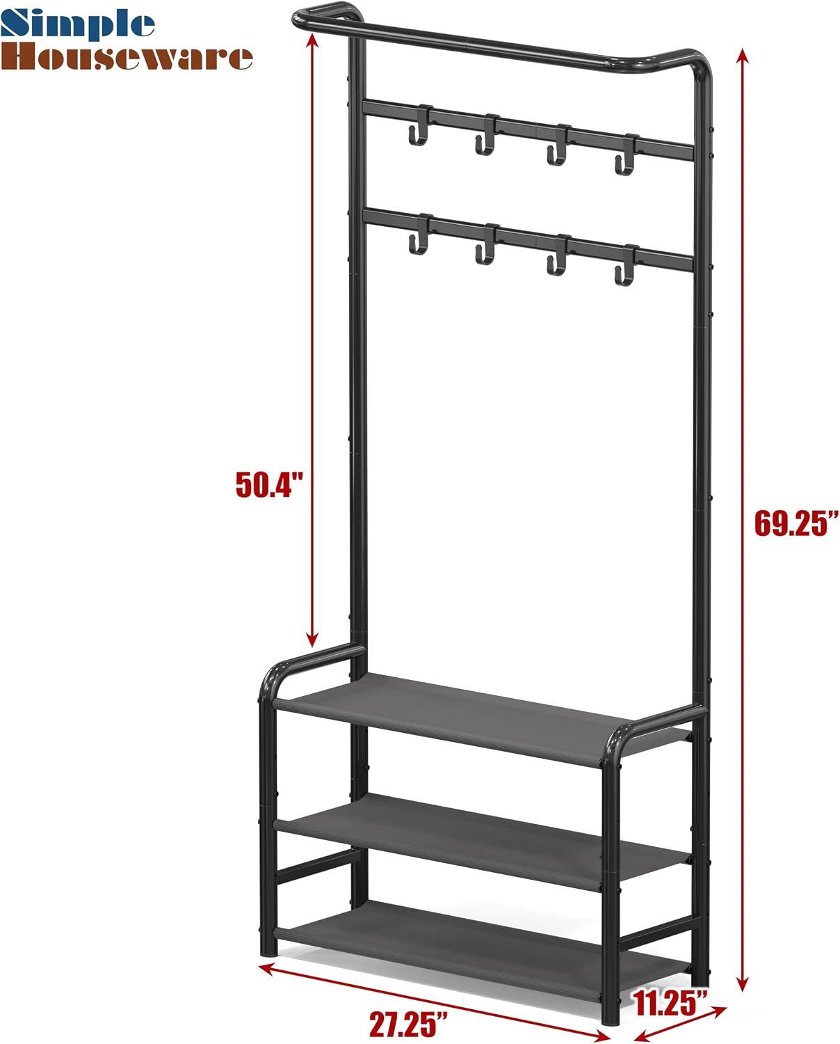 Simple Houseware Coat Rack with Storage Shelf, Freestanding Hall Tree with Hooks for Entryway, Bedroom, Office, Black Metal Clothes Hanger Stand for Coats, Hats, Jackets, Bags - Black
