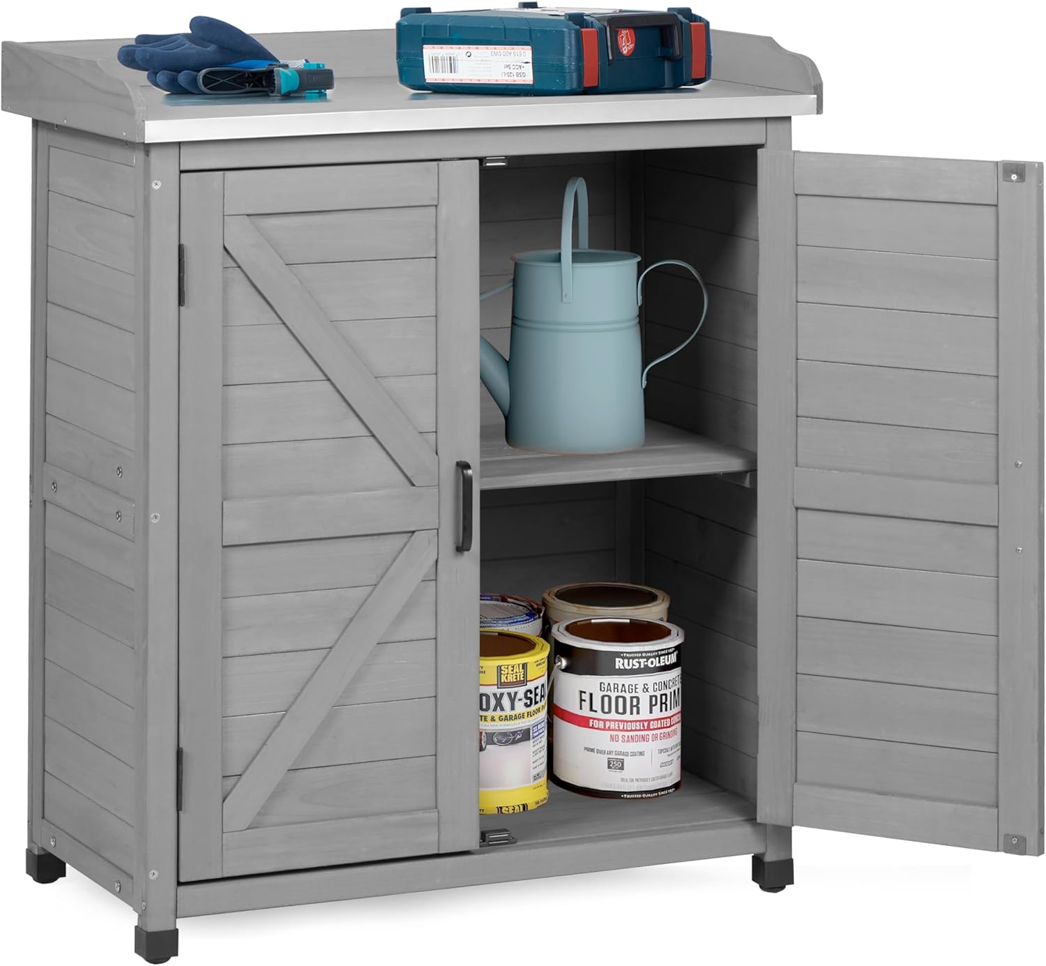 Outdoor Potting Bench with Storage Cabinet and Metal Top, Wood Workstation for Outdoor Patio, Garden (Classic Grey, 31.5x17x39‘’)