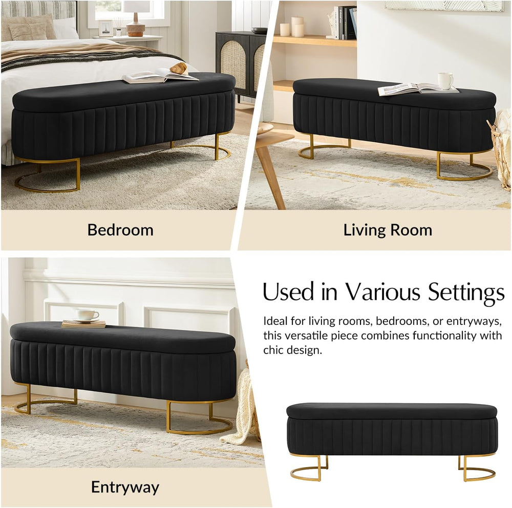 55.5" Velvet Upholstered Storage Bench with Channel Tufted Seat and Meta...