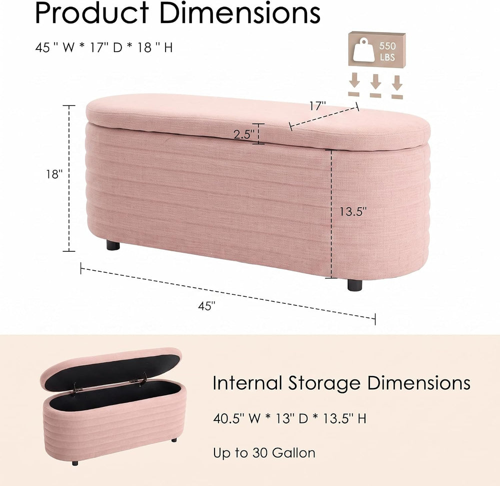 45.5" Modern Storage Ottoman Bench, Pink | Boucle Bench, Linen Fabric, S...