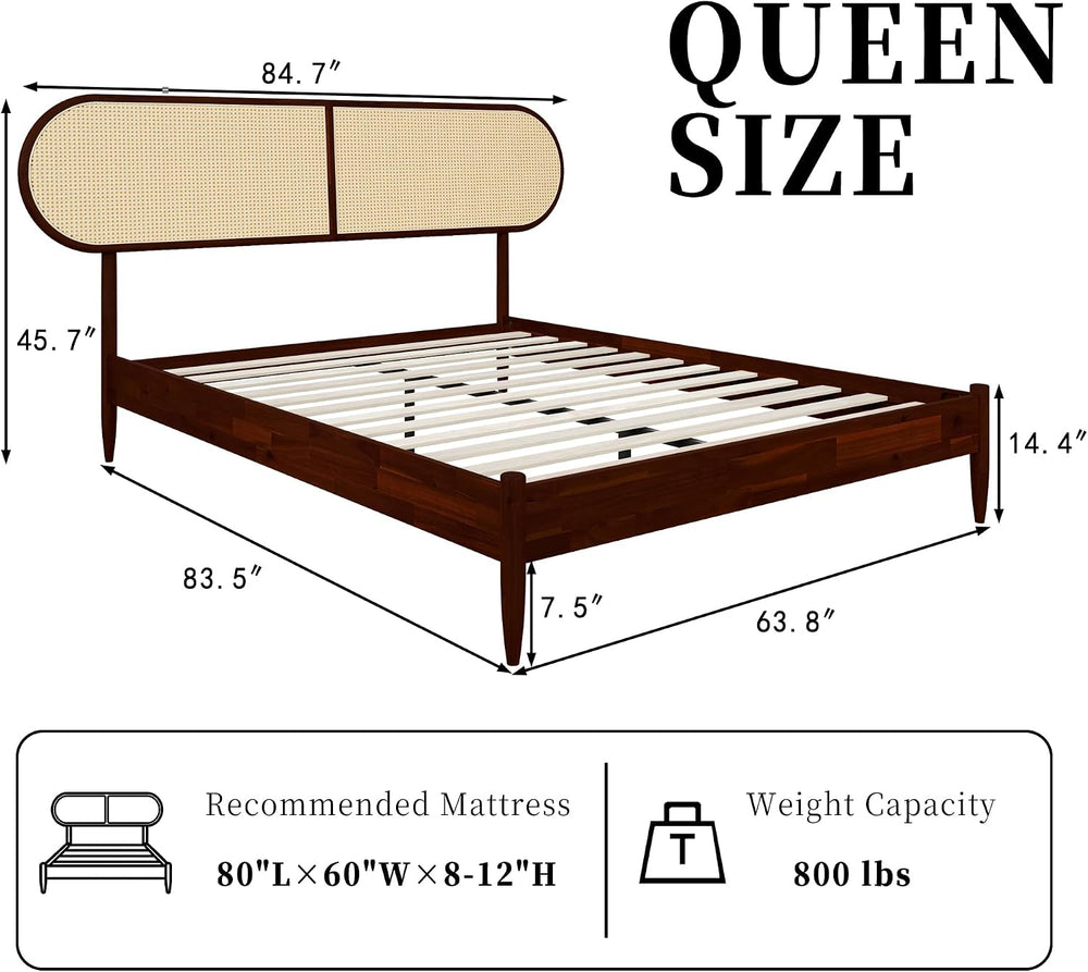 Queen Size Solid Wood Bed Frame, Rattan Boho Headboard, Dark Walnut