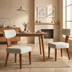 Dining Chairs Set of 2, Mid-Century Modern Upholstered Kitchen Chairs with Curved Backrest and Linen Fabric Seat, Wood Leg Accent Chairs for Dining Room, Living Room, Bedroom, Linen Beige
