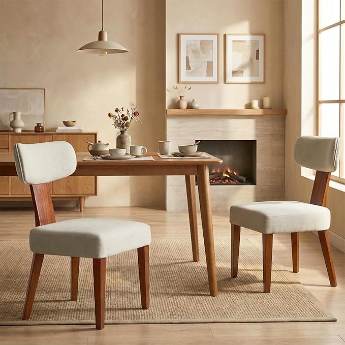 Dining Chairs Set of 2, Mid-Century Modern Upholstered Kitchen Chairs with Curved Backrest and Linen Fabric Seat, Wood Leg Accent Chairs for Dining Room, Living Room, Bedroom, Linen Beige