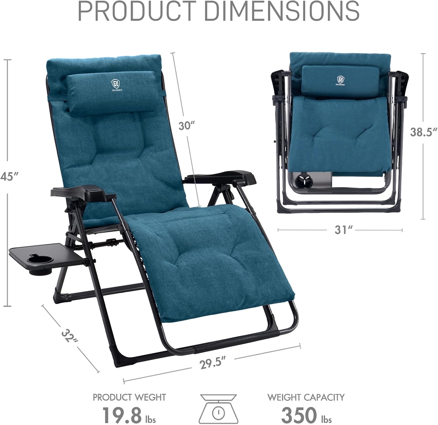 EVER ADVANCED Aluminum Zero Gravity Chair, 2.4" Padded, 350 lb Capacity | Oversized Reclining Lounge Chair with Adjustable Headrest and Side Table, Foldable for Camping, Patio, Lawn and Indoor Use