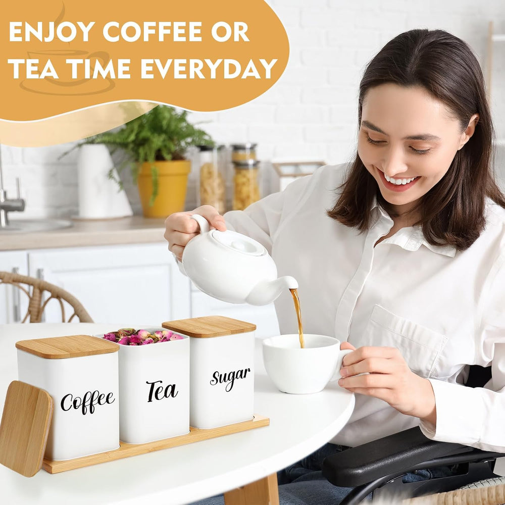 Tioncy Coffee Tea Sugar Container with Tray Set of 3 Airtight Metal Canister ...