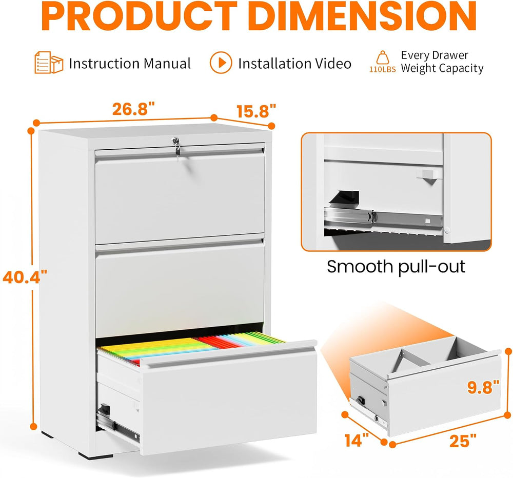 3 Drawer Metal Lateral File Cabinet with Lock,White Filing Cabinet | Heavy Du...