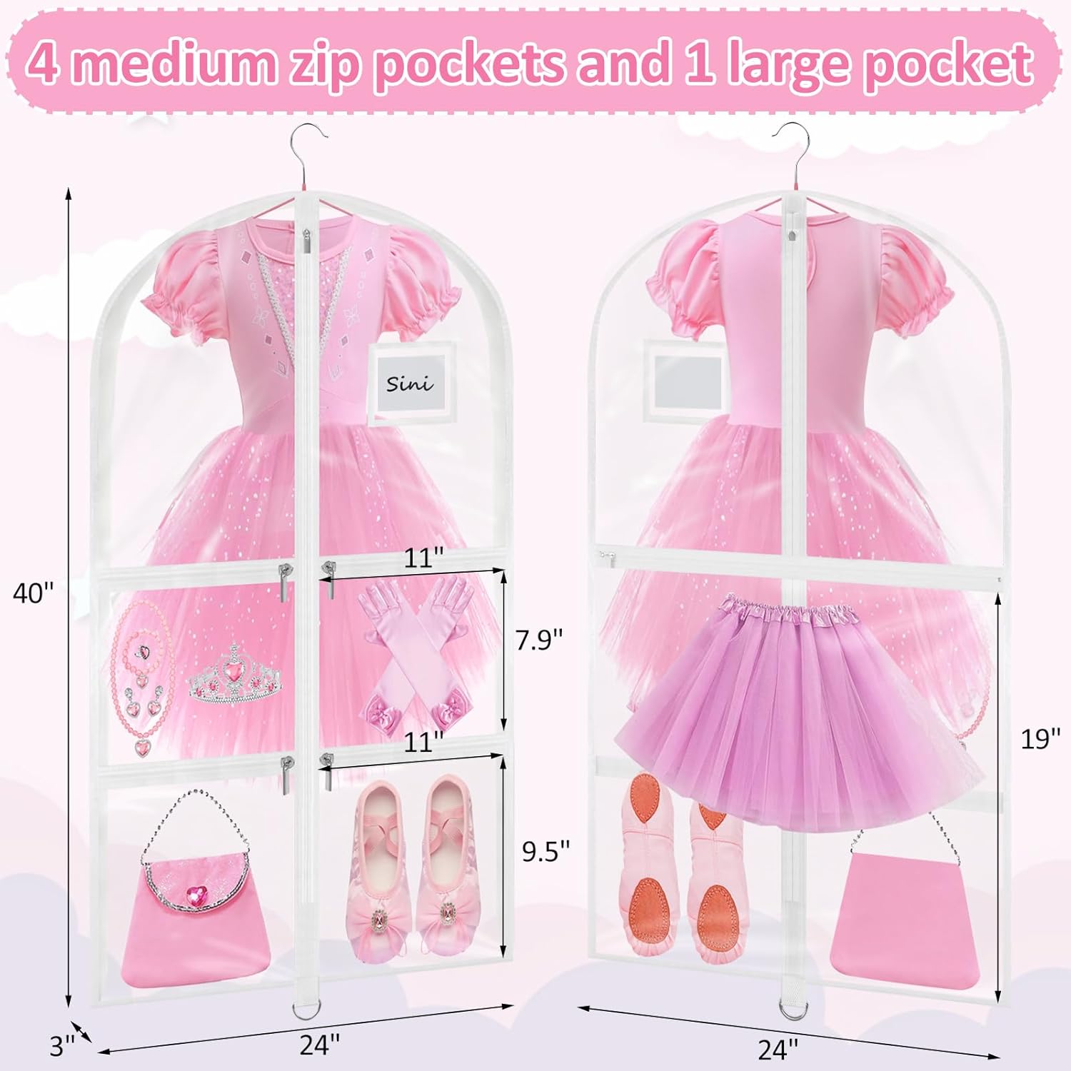 Garment Bags for Dance Costumes - 40 Inch Clear PVC with 5 Zipper Pockets (3 Pack, White) - Kids Dance Garment Bag for Dancers, Hanging Clothes Storage, Competitions & Travel (‎Clear White)