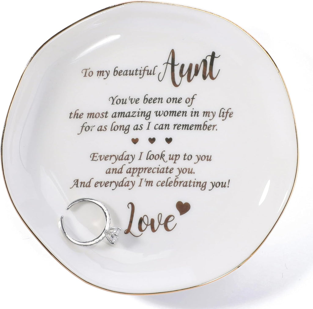 HOME SMILE Christmas Mothers Day Birthday Gifts for Aunt from Newphew or Niece-Ceramic Ring Dish Jewelry Tray-Everyday I look Up to you and appreciate to you