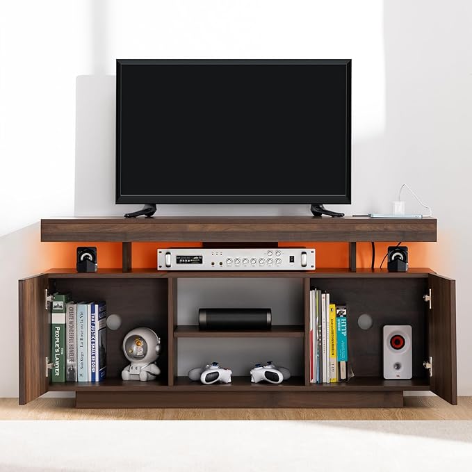 HOMMPA LED TV Stand for 55/50/43/40/32 inch TV - Modern Entertainment Center with Power Outlets, Gaming Console Cabinet with Storage Media Table and LED Lights for Living Room - Walnut