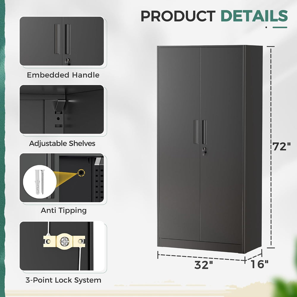 Greenvelly Storage Cabinet, 72” Black Garage Steel Locking Cabinet with Doors...