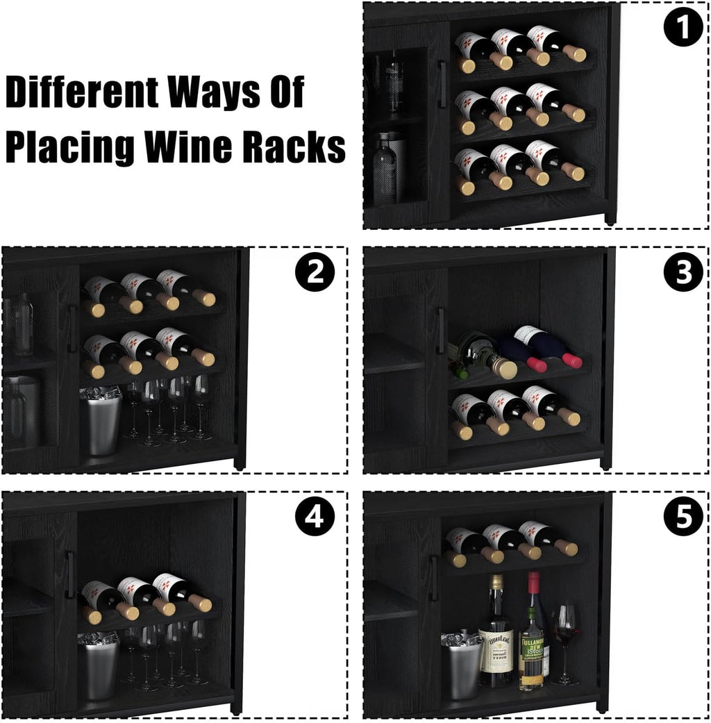 GAOMON Coffee Wine Bar Cabinet with Storage and Detachable Rack | Farmhouse Sideboard and Buffet Cabinet with Glass Holder and Mesh Door, Liquor Coffee Bar Cupboard, Black