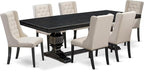 NKFO7-SBB-01-7-Piece Dining Set Consists of a Dining Table and 6 Cream Linen Fabric Kitchen Chairs & Black Legs with Button Tufted Back - Sand Blasting Black Finish.
