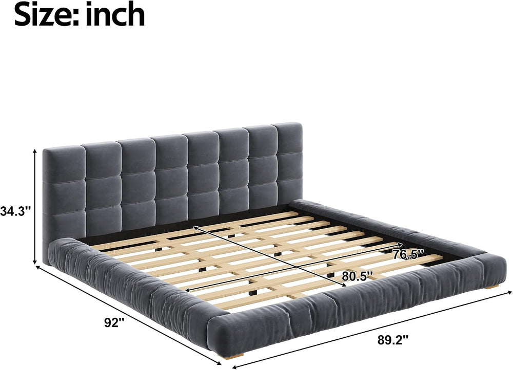 King Size Velvet Upholstered Low Profile Platform Bed with Channel Tufted Hea...
