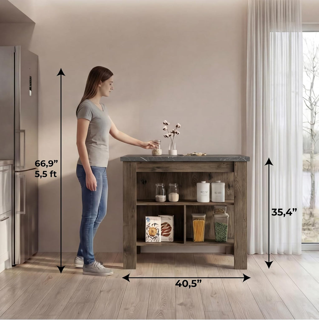 TUHOME Cala Kitchen Island with Storage and Seating, 35.4" Tall Workstation, 3 Open Shelves, Wide Tabletop, Four Sturdy Legs, Engineered Wood, Small Kitchen Island for Meal Prep