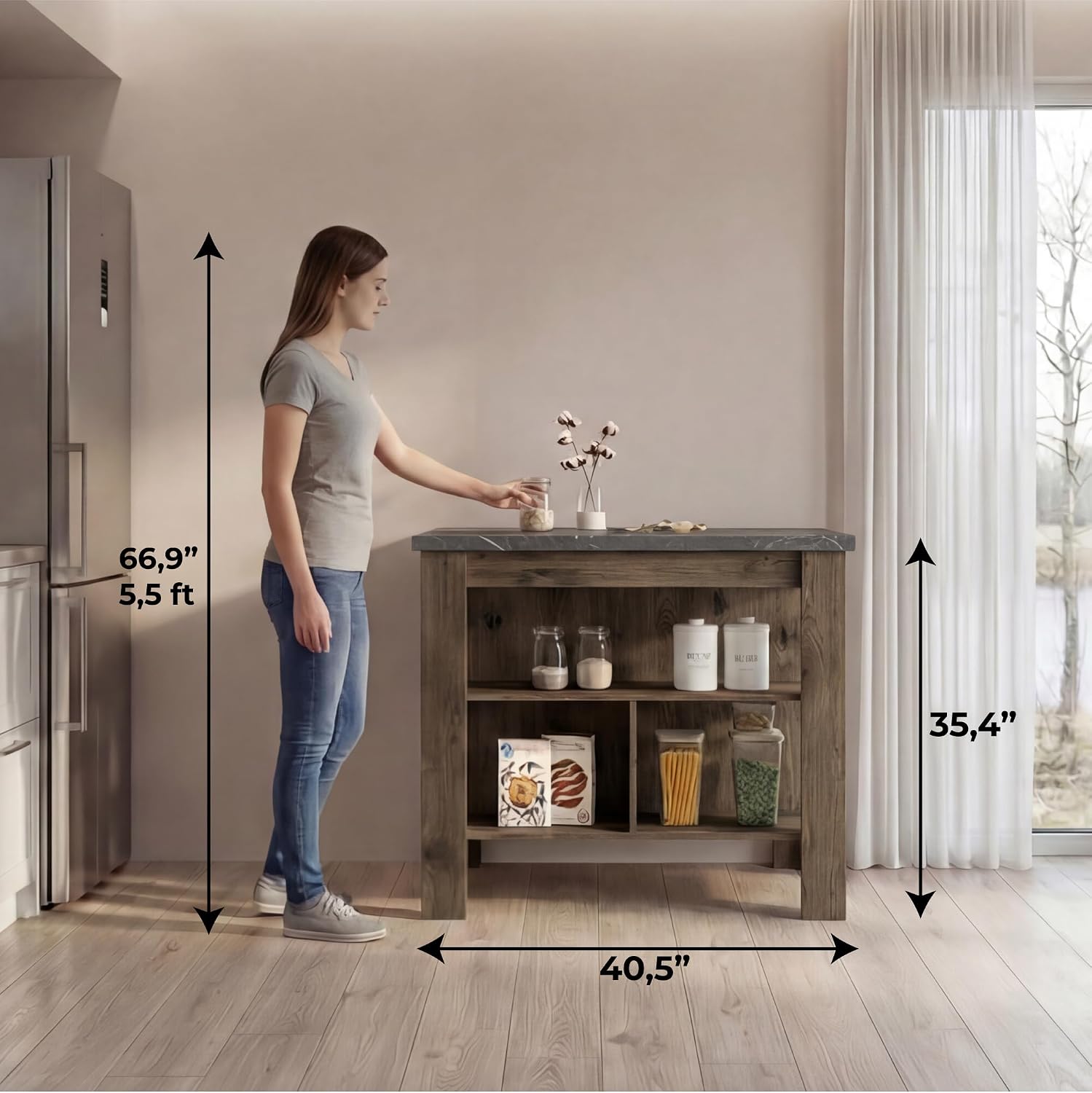 TUHOME Cala Kitchen Island with Storage and Seating, 35.4" Tall Workstation, 3 Open Shelves, Wide Tabletop, Four Sturdy Legs, Engineered Wood, Small Kitchen Island for Meal Prep