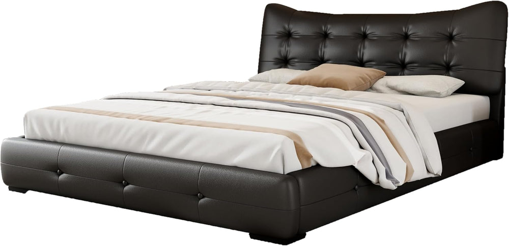 Queen Size Pu Leather Bed Frame/Button Tufted Wingback Headboard/Upholstered ...