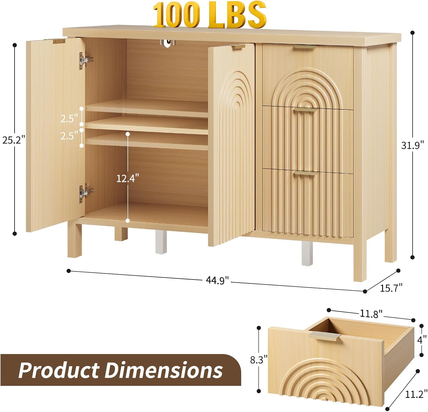 Sideboard Buffet Cabinet with Storage - Fluted Accent Coffee Bar Cabinets Kitchen Credenza with Drawers & Doors, Wood Console Side Board with Adjustable Shelf for Living Room Entryway,Natural