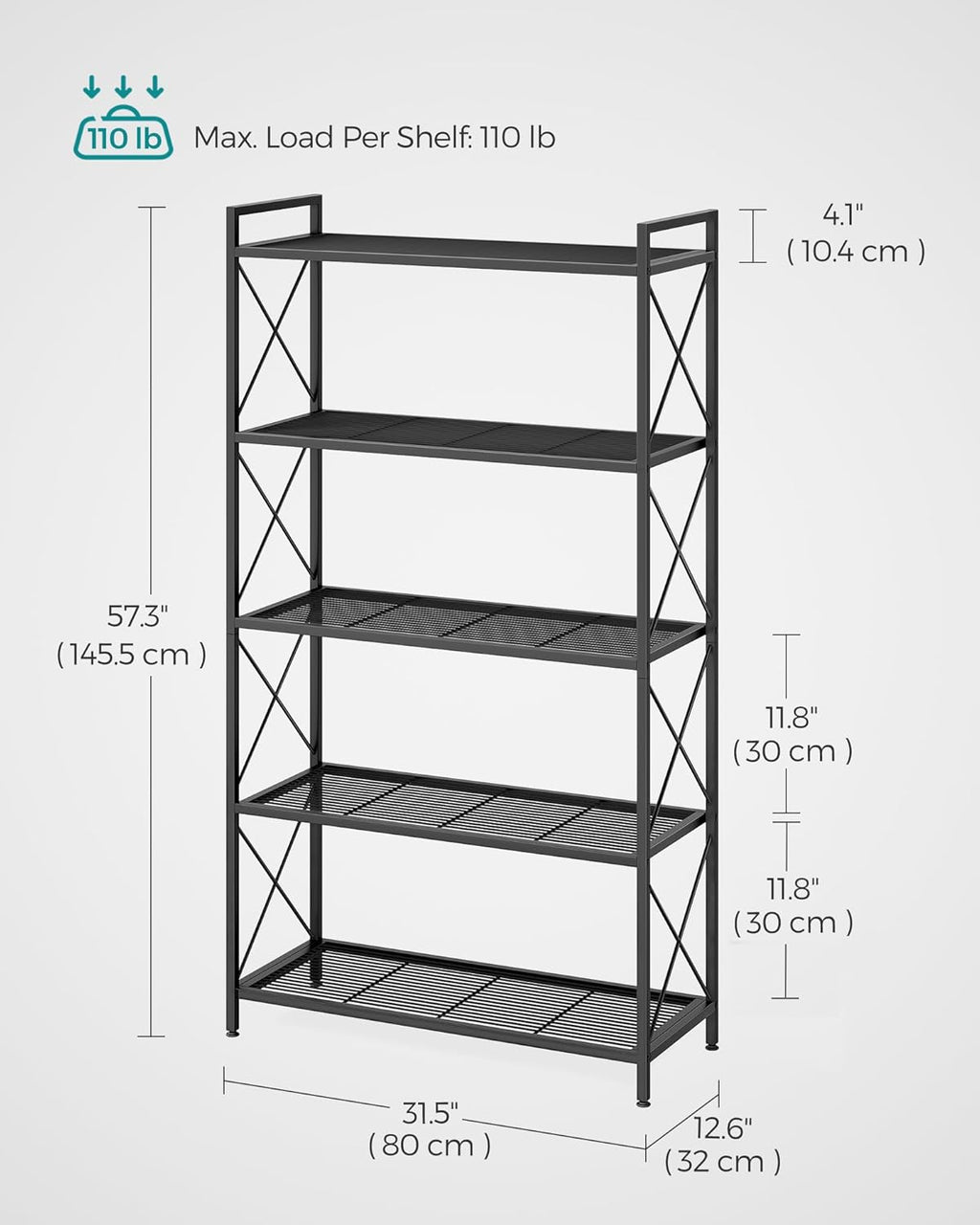 SONGMICS 5-Tier Metal Storage Rack, Shelving Unit with X Side Frames, Dense Mesh, 12.6 x 31.5 x 57.3 Inches, for Entryway, Kitchen, Living Room, Bathroom, Industrial Style, Ink Black UBSC185B01