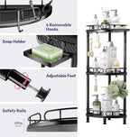 SWTYMIKI Corner Shower Caddy Standing - 3 Tier Rustproof Metal Shower Organizer Stand with Soap Holder and 4 Hooks, Freestanding Floor Shower Storage Stands for Bathroom, Black