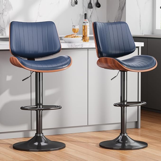 Swivel Bar Stools Set of 3, Adjustable Bentwood Barstools for Kitchen Counter, Modern PU Leather Upholstered Bar Chair with Back and Footrest, for Kitchen Island, Bar, Dining Room, Navy