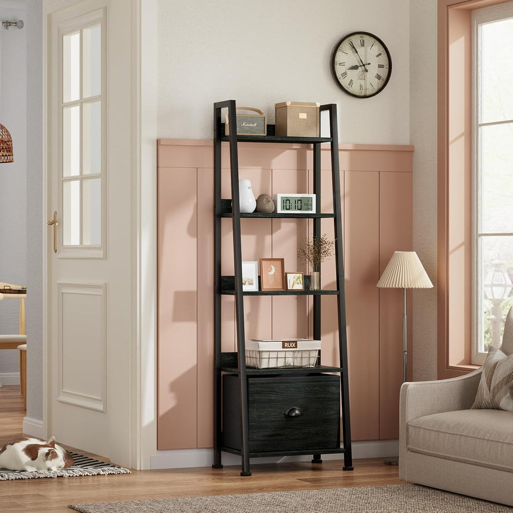 Furologee Ladder Shelf, 5 Tier Bookshelf with Fabric Drawer, Black Oak