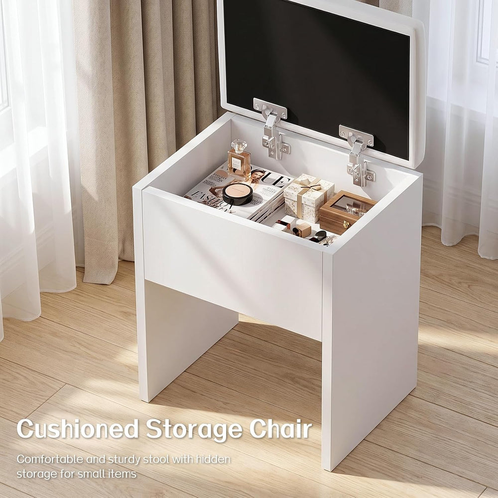 FUXA Vanity Desk with Lighted Mirror, Charging Station and Chair, White | Sto...