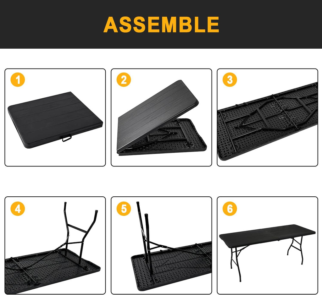 70.8" W X 29" D X 29" H - 6 ft Black Folding Table Heavy Duty Portable, Plastic Folding Utility Folding Table for Camping, Picnics & Parties