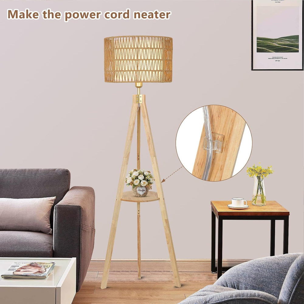 LAMSU Oak Wood Tripod Floor Lamps for Living Room, Boho Floor Lamp with Shelv...