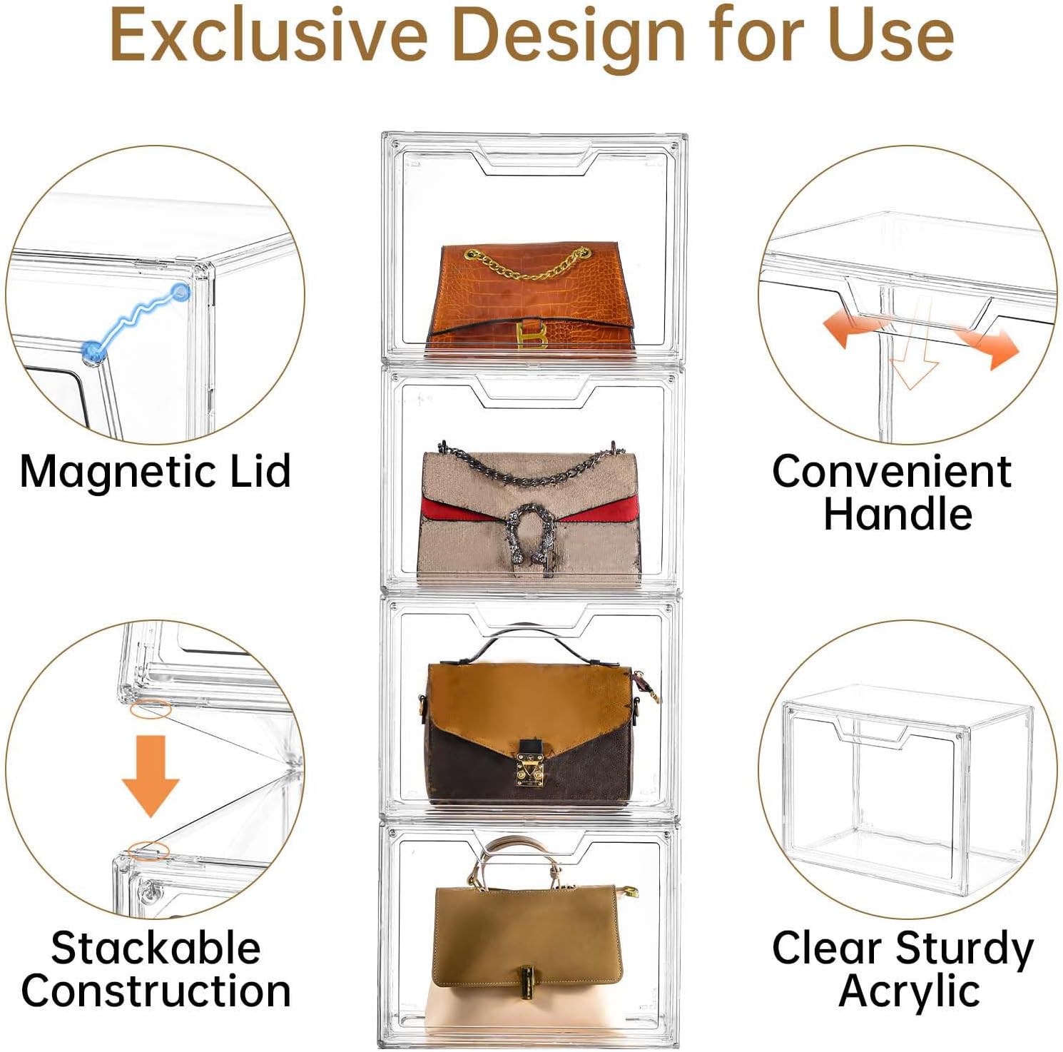 Stackable Storage Bins, Clear Acrylic Display Case, 5-Pack Acrylic Boxes with Lids, Clear Storage Containers Storage for Handbags, Collectibles & Figures