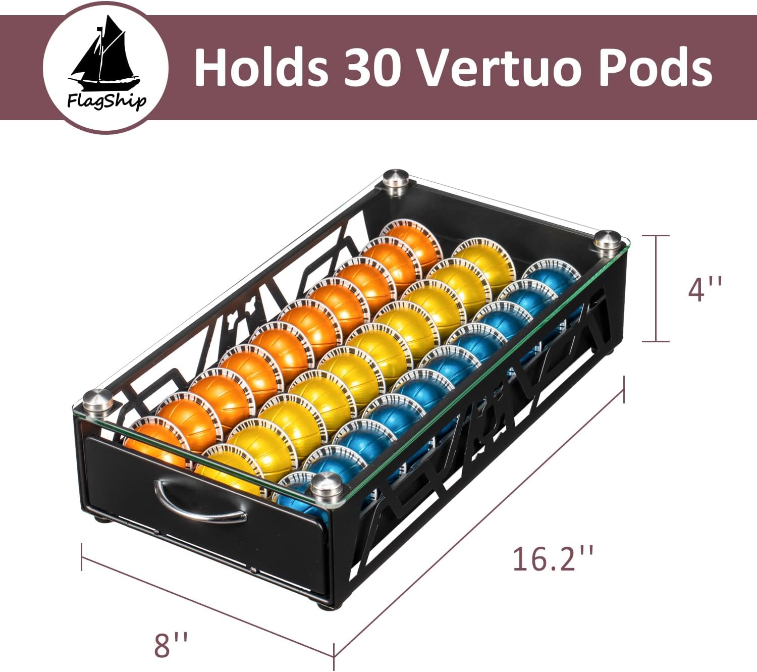 FlagShip Vertuo Pod Drawer Glass Top Coffee Capsule Organizer & Space-Saving for Nespresso Pod Holder Coffee Machine Stand(30 Vertuo Pods Capacity)