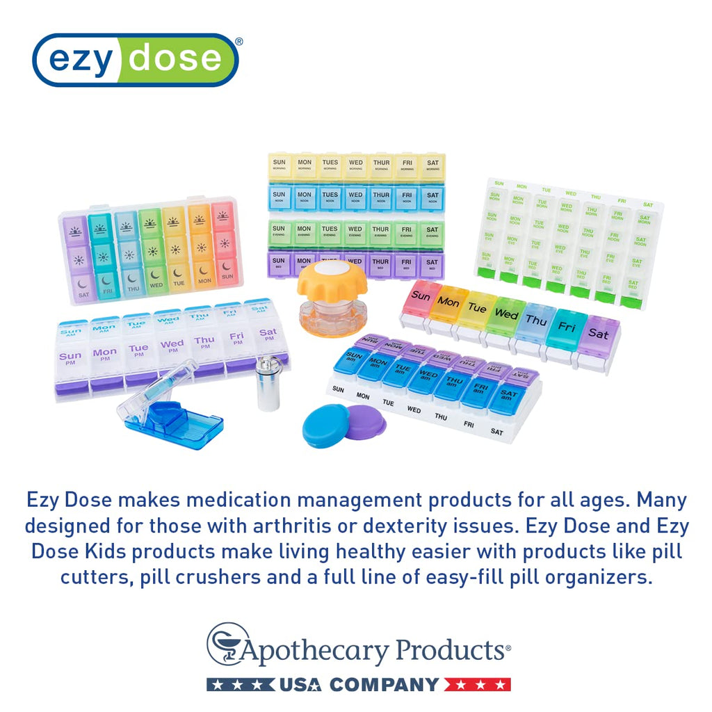 EZY DOSE Weekly (7-Day) Pill Organizer, Vitamin Container, and Daily Medicine Planner, 2X-Large Push Button Compartments, Arthritis Friendly, Easy to Use, 4 Times a Day, Grayscale Lids, BPA Free