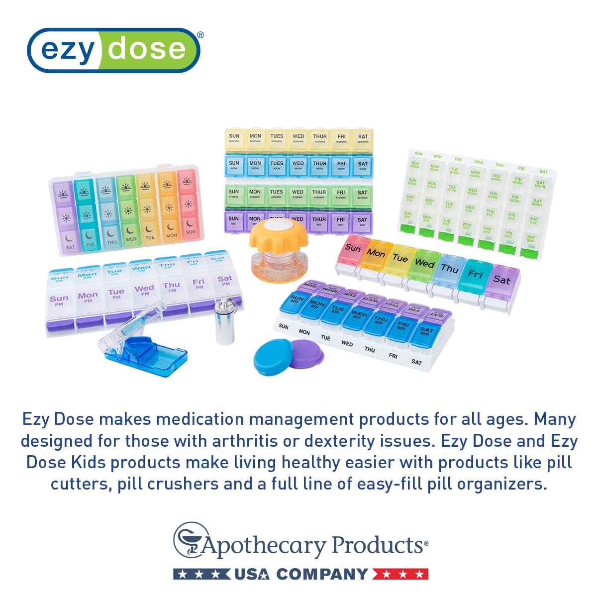 EZY DOSE Weekly (7-Day) Pill Organizer, Vitamin Container, and Daily Medicine Planner, 2X-Large Push Button Compartments, Arthritis Friendly, Easy to Use, 4 Times a Day, Grayscale Lids, BPA Free