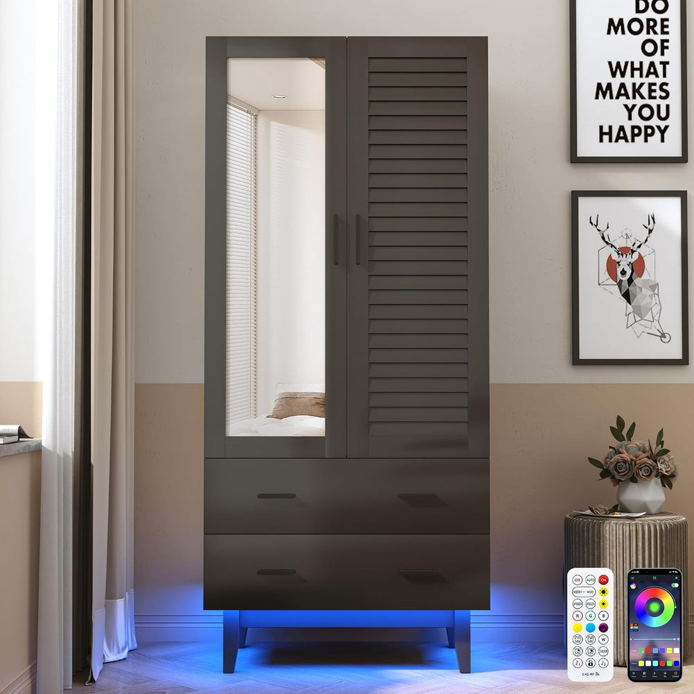 Hlivelood 2 Door Armoire Wardrobe Closet Cabinet with Mirror, Drawers and LED...