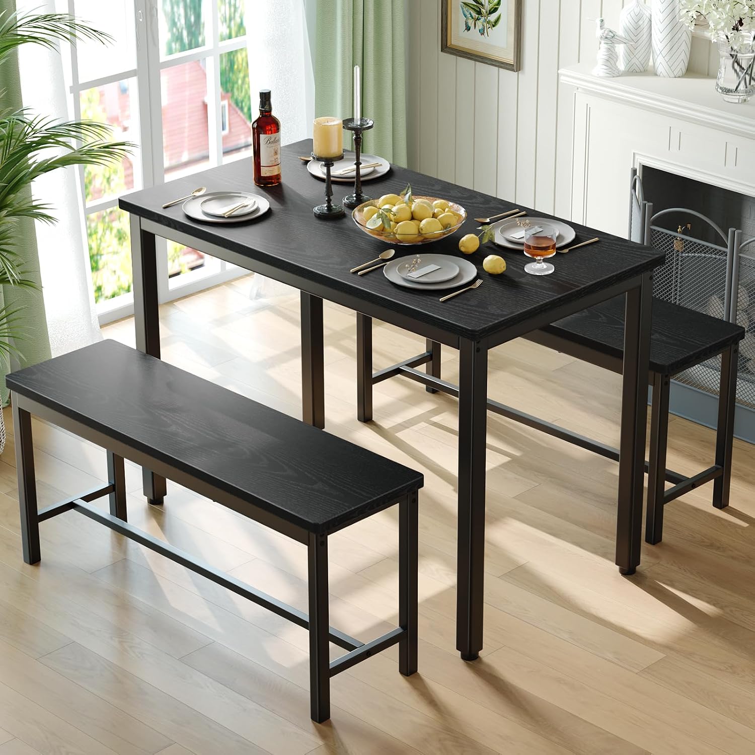 Tatub Dining Table Set for 4, 3-Piece Kitchen Table with 2 Benches, Space-Saving Dining Room Set for Breakfast Nook and Small Spaces, Black