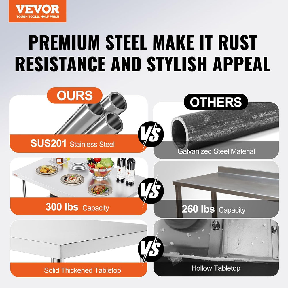 VEVOR Stainless Steel Foldable Work Table, 24 * 48 Inch Heavy Duty Food Outdo...