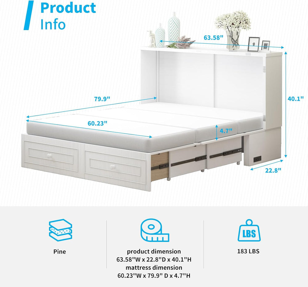 Mjkone Murphy Cabinet Bed Queen Size White No Mattress | with Tri-Folding Mat...