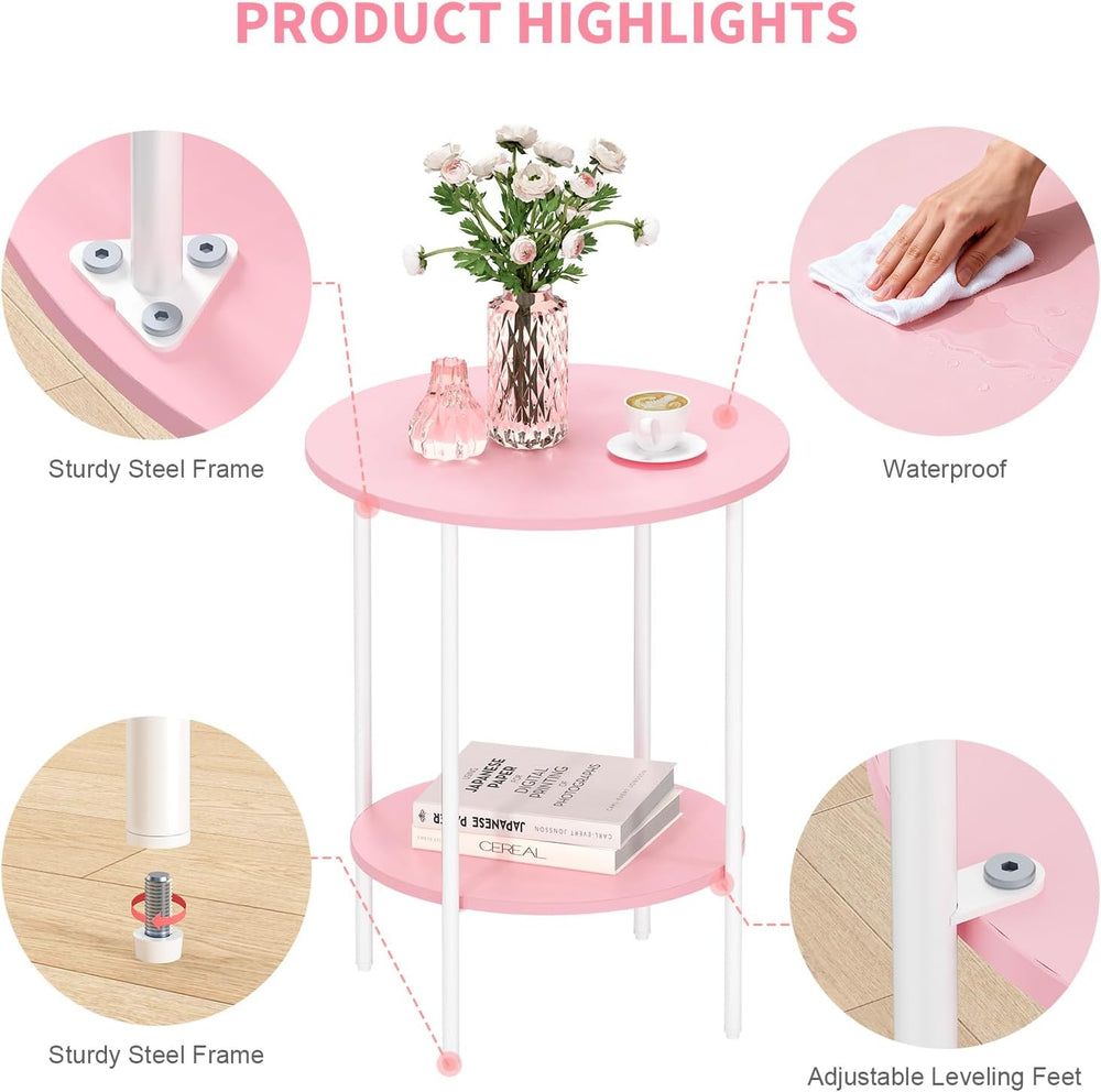 Side Table,Round End Table with 2 Storage Shelves| Compact Side Tables for Li...
