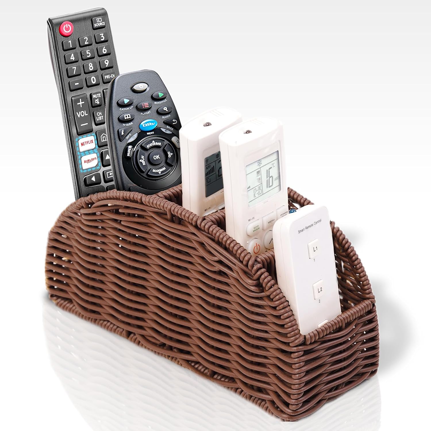 5-Compartment Remote Control Holder – Synthetic Rattan Organizer for TV Remotes, Makeup Brushes, Office Supplies, Stylish Wicker Desk Caddy for Living Room, Bedroom, Office, Patent Pending (Brown)