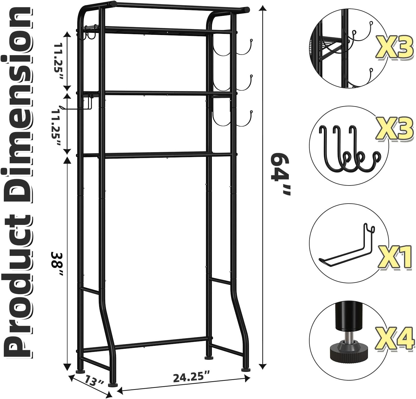 Simple Trending 3 Tier Over The Toilet Rack, Shelf Bathroom, Bathroom Stand Organizer Space Saver, Black