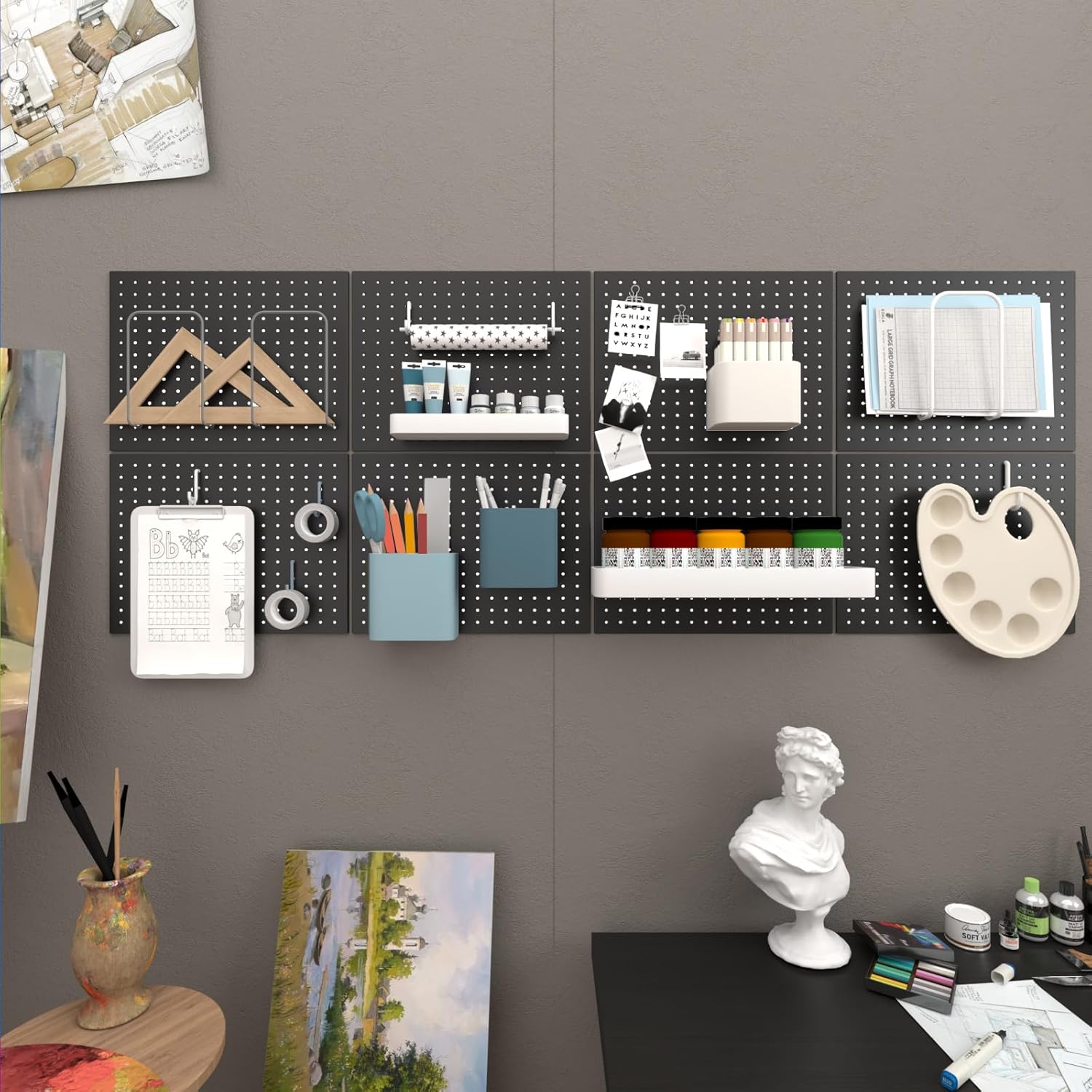 Peg Board,4 Pack Metal Pegboard Panels,Black Pegboard Wall Organizer,16"x12" Heavy Duty Peg Boards for Walls,Tools,Garage,Office,Kitchen